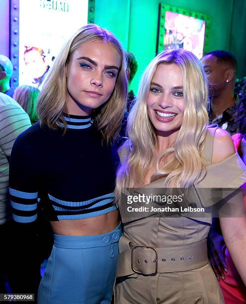 Actors Cara Delevingne and Margot Robbie of 'Suicide Squad' attend the Samsung Experience at San Diego Comic-Con 2016 at Hard Rock Hotel San Diego on...