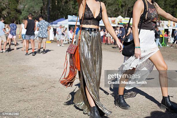 Festival Goer wears a gold skirts and fringe bag during Splendour in the Grass 2016 on July 22, 2016 in Byron Bay, Australia.