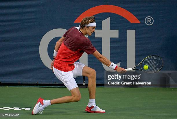 Alexander Zverev of Germany returns a shot during his 6-4, 6-0 loss to Gael Monfils of France in the semifinals of the Citi Open at Rock Creek Tennis...