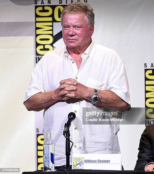 Actor William Shatner attends the "Star Trek" panel during Comic-Con International 2016 at San Diego Convention Center on July 23, 2016 in San Diego,...