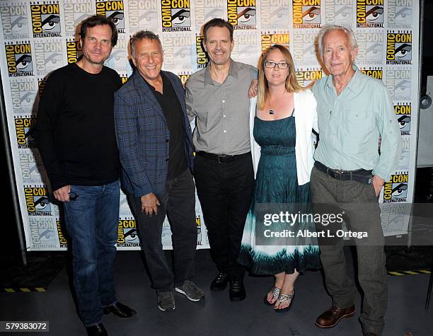 Actors Bill Paxton, Paul Reiser, Michael Biehn, Carrie Henn, and Lance Henriksen attend the "Aliens: 30th Anniversary" panel during Comic-Con...