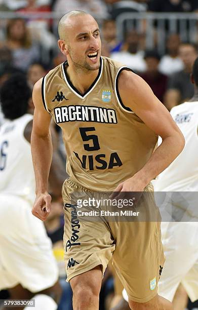 Manu Ginobili of Argentina reacts after scoring against the United States during a USA Basketball showcase exhibition game at T-Mobile Arena on July...