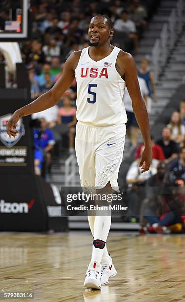 Kevin Durant of the United States stands on the court during a USA Basketball showcase exhibition game against Argentina at T-Mobile Arena on July...