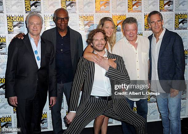 Actors Brent Spiner and Michael Dorn, writer/producer Bryan Fuller, actors Jeri Ryan, William Shatner and Scott Bakula attend the "Star Trek" panel...