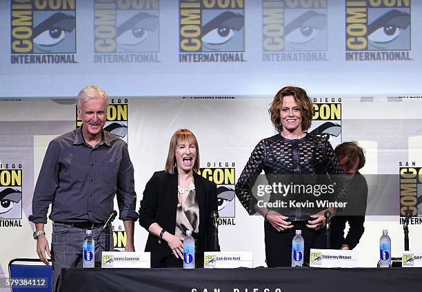 Director James Cameron, producer Gale Anne Hurd, actors Sigourney Weaver and Bill Paxton attend the "Aliens: 30th Anniversary" panel during Comic-Con...