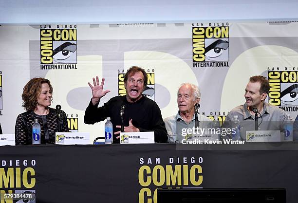 Actors Sigourney Weaver, Bill Paxton, Lance Henriksen, and Michael Biehn attend the "Aliens: 30th Anniversary" panel during Comic-Con International...