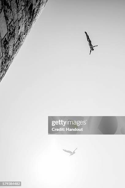 In this handout image provided by Red Bull, Kris Kolanus of Poland dives from the 27 metre platform on the Saint Nicolas Tower during the fourth stop...