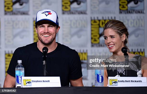 Actors Stephen Amell and Emily Bett Rickards attend the "Arrow" Special Video Presentation and Q&A during Comic-Con International 2016 at San Diego...