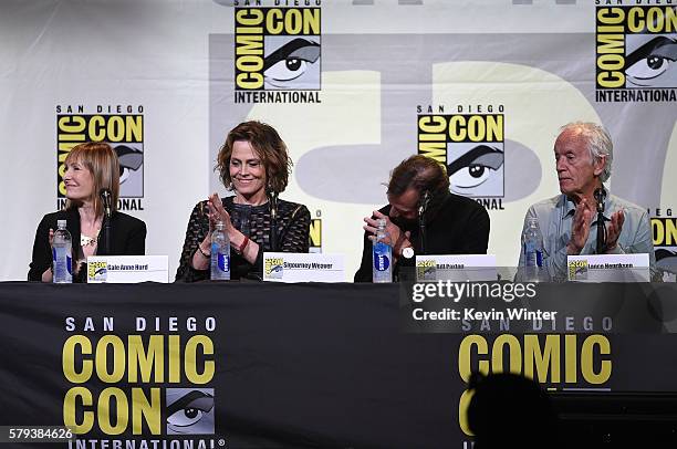 Producer Gale Anne Hurd, actors Sigourney Weaver, Bill Paxton and Lance Henriksen attend the "Aliens: 30th Anniversary" panel during Comic-Con...