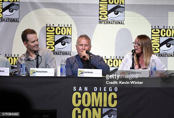 Actors Michael Biehn, Paul Reiser and Carrie Henn attend the "Aliens: 30th Anniversary" panel during Comic-Con International 2016 at San Diego...