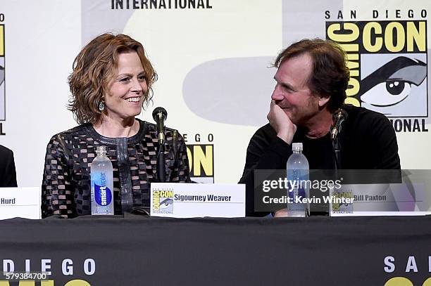 Actors Sigourney Weaver and Bill Paxton attend the "Aliens: 30th Anniversary" panel during Comic-Con International 2016 at San Diego Convention...
