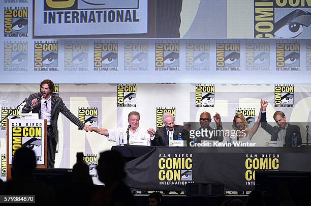 Writer/producer Bryan Fuller, actors William Shatner, Brent Spiner, Michael Dorn, Jeri Ryan, and Scott Bakula attend the "Star Trek" panel during...