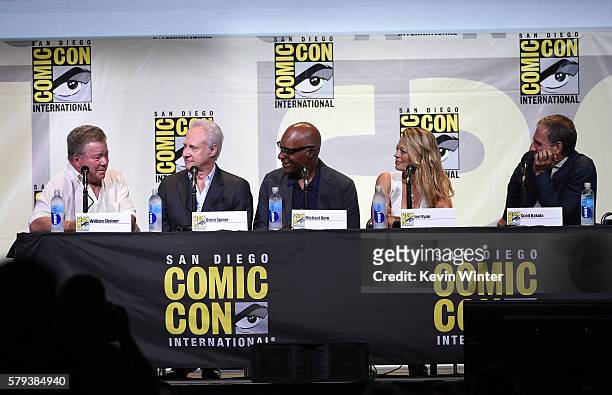 Actors William Shatner, Brent Spiner, Michael Dorn, Jeri Ryan, and Scott Bakula attend the "Star Trek" panel during Comic-Con International 2016 at...