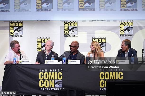 Actors William Shatner, Brent Spiner, Michael Dorn, Jeri Ryan, and Scott Bakula attend the "Star Trek" panel during Comic-Con International 2016 at...