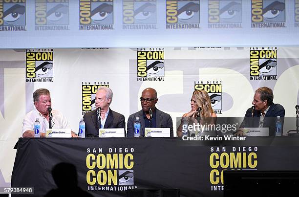Actors William Shatner, Brent Spiner, Michael Dorn, Jeri Ryan, and Scott Bakula attend the "Star Trek" panel during Comic-Con International 2016 at...