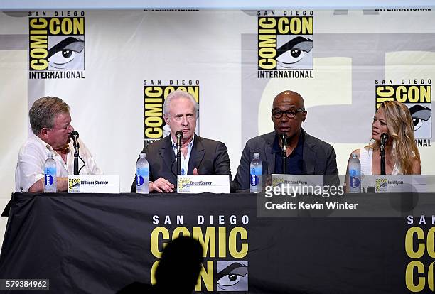 Actors William Shatner, Brent Spiner, Michael Dorn, and Jeri Ryan attend the "Star Trek" panel during Comic-Con International 2016 at San Diego...