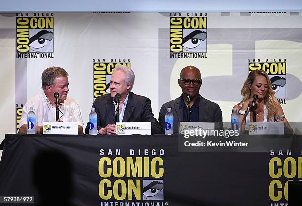 Actors William Shatner, Brent Spiner, Michael Dorn, and Jeri Ryan attend the "Star Trek" panel during Comic-Con International 2016 at San Diego...