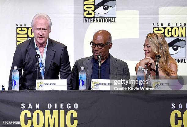 Actors Brent Spiner, Michael Dorn and Jeri Ryan attend the "Star Trek" panel during Comic-Con International 2016 at San Diego Convention Center on...