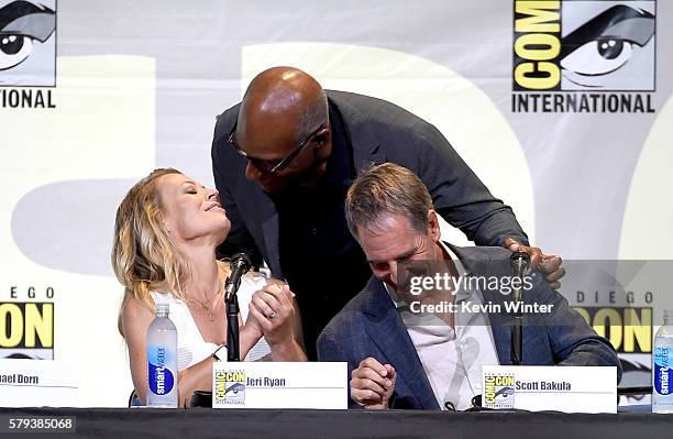 Actors Jeri Ryan, Michael Dorn and Scott Bakula attend the "Star Trek" panel during Comic-Con International 2016 at San Diego Convention Center on...