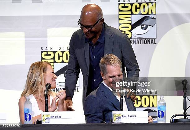 Actors Jeri Ryan, Michael Dorn and Scott Bakula attend the "Star Trek" panel during Comic-Con International 2016 at San Diego Convention Center on...