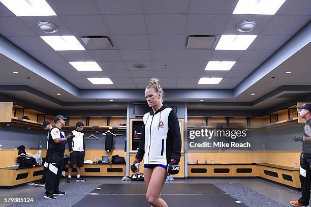 Holly Holm warms up backstage during the UFC Fight Night event at the United Center on July 23, 2016 in Chicago, Illinois.