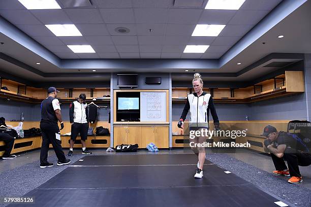 Holly Holm warms up backstage during the UFC Fight Night event at the United Center on July 23, 2016 in Chicago, Illinois.