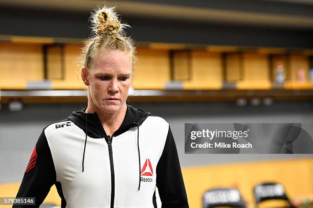 Holly Holm warms up backstage during the UFC Fight Night event at the United Center on July 23, 2016 in Chicago, Illinois.