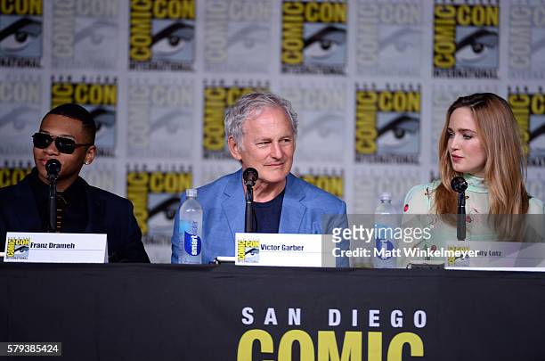 Actors Franz Drameh, Victor Garber and Caity Lotz attend DC's "Legends Of Tomorrow" Special Video Presentation and Q&A during Comic-Con International...