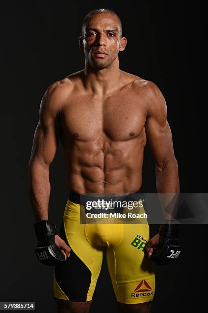 Edson Barboza of Brazil poses for a post fight portrait backstage during the UFC Fight Night event at the United Center on July 23, 2016 in Chicago,...