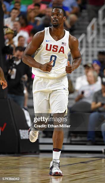 Harrison Barnes of the United States runs on the court during a USA Basketball showcase exhibition game against Argentina at T-Mobile Arena on July...