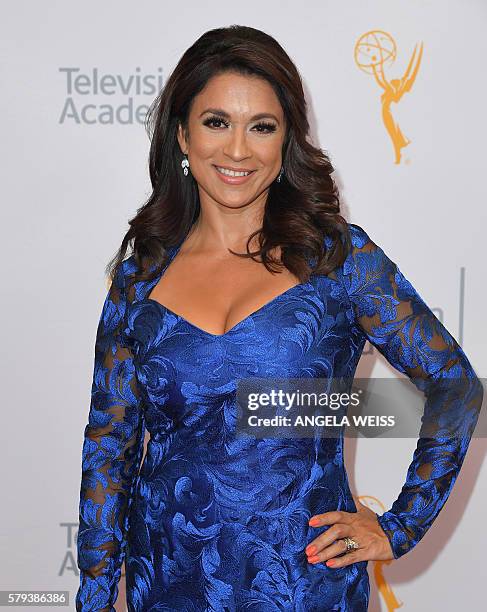 Newscaster Dunia Elvir arrives on the red carpet for the 68th Los Angeles Emmy Awards featuring Niecy Nash, Jason George, Mary Holland, Florence...