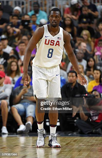 Harrison Barnes of the United States stands on the court during a USA Basketball showcase exhibition game against Argentina at T-Mobile Arena on July...