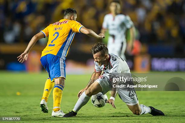 Israel Jimenez of Tigres fights for the ball with Christian Tabo of Atlas during the 2nd round match between Tigres UANL and Atlas as part of the...