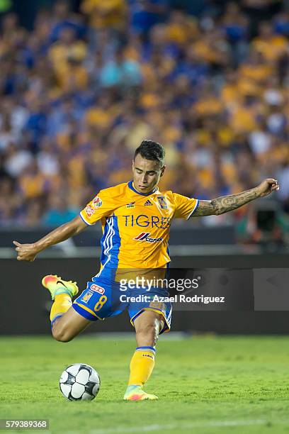 Lucas Zelarayan of Tigres kicks the ball during the 2nd round match between Tigres UANL and Atlas as part of the Torneo Apertura 2016 Liga MX at...