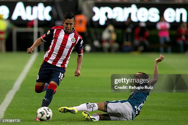 Nestor Calderon of Chivas tries to avoid the defensive slide by Edgar Castillo of Monterrey during the 2nd round match between Chivas and Monterrey...