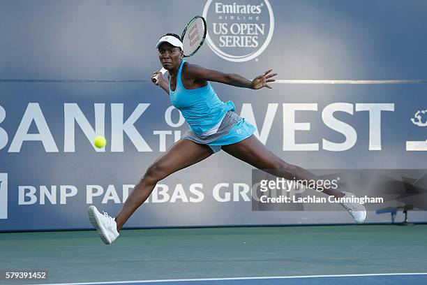Venus Williams of the United States competes against Alison Riske of the United States during a semi final match on day six of the Bank of the West...