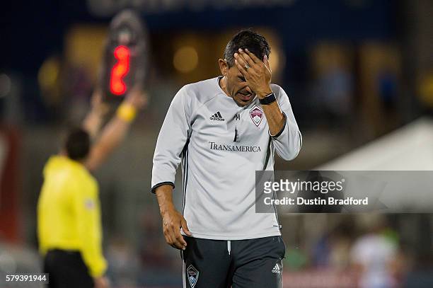 Pablo Mastroeni, head coach of the Colorado Rapids, looks frustrated after giving up a lead late in the second half against the FC Dallas at Dick's...