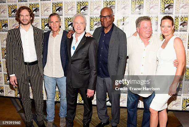 Actors Bryan Fuller, Scott Bakula, Brent Spiner, Michael Dorn, William Shatner and Jeri Ryan attend the "Star Trek 50" press line during Comic-Con...