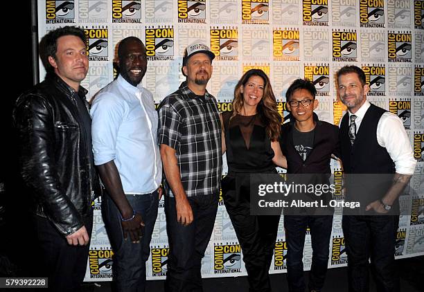 Actor Ben Affleck and directors Rick Famuyiwa, David Ayer, Patty Jenkins, James Wan and Zack Snyder attend the Warner Bros. Presentation during...