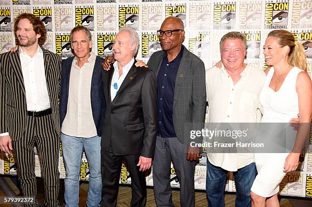 Actors Bryan Fuller, Scott Bakula, Brent Spiner, Michael Dorn, William Shatner and Jeri Ryan attend the "Star Trek 50" press line during Comic-Con...