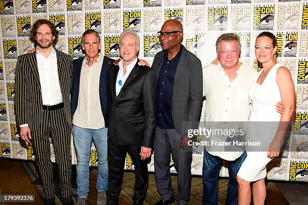 Actors Bryan Fuller, Scott Bakula, Brent Spiner, Michael Dorn, William Shatner and Jeri Ryan attend the "Star Trek 50" press line during Comic-Con...