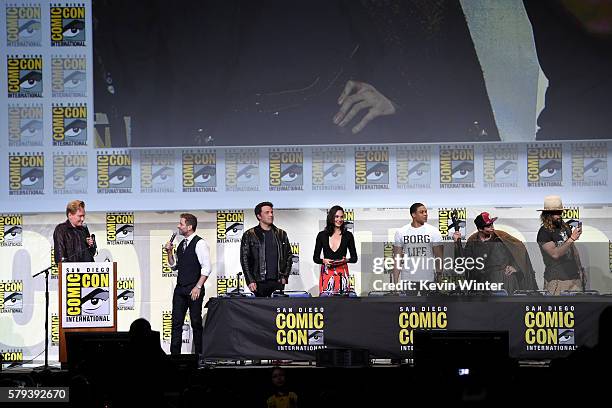 Moderator Conan O'Brien, director Zack Snyder, actors Ben Affleck, Gal Gadot, Ray Fisher, Ezra Miller and Jason Momoa attend the Warner Bros....