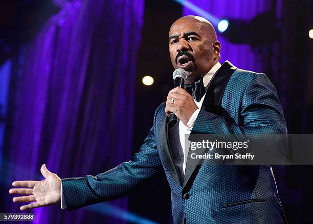 Host Steve Harvey speaks during the 2016 Neighborhood Awards hosted by Steve Harvey at the Mandalay Bay Events Center on July 23, 2016 in Las Vegas,...