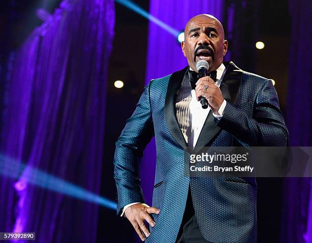 Host Steve Harvey speaks during the 2016 Neighborhood Awards hosted by Steve Harvey at the Mandalay Bay Events Center on July 23, 2016 in Las Vegas,...