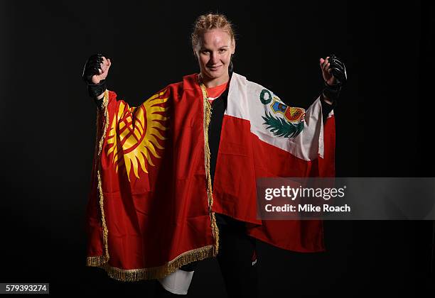 Valentina Shevchenko of Kyrgyzstan poses for a post fight portrait after defeating Holly Holm by unanimous decision during the UFC Fight Night event...