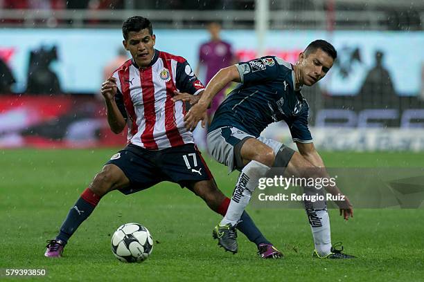 Jesus Sanchez of Chivas fights for the ball with Luis Cardenas of Monterrey during the 2nd round match between Chivas and Monterrey as part of the...