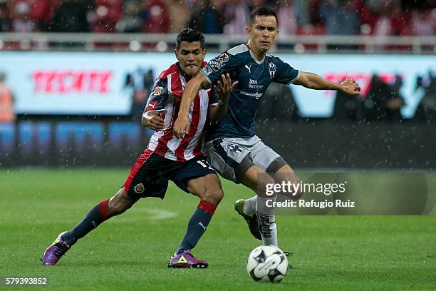 Jesus Sanchez of Chivas fights for the ball with Luis Cardenas of Monterrey during the 2nd round match between Chivas and Monterrey as part of the...