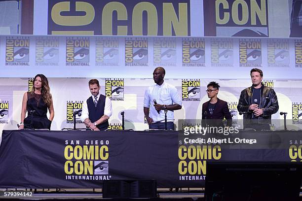 Directors Patty Jenkins, Zack Snyder, Rick Famuyiwa, James Wan, and actor Ben Affleck attend the Warner Bros. Presentation during Comic-Con...
