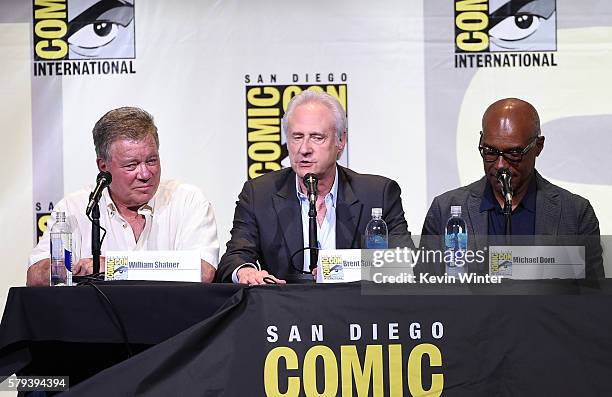 Actors William Shatner, Brent Spiner and Michael Dorn attend the "Star Trek" panel during Comic-Con International 2016 at San Diego Convention Center...