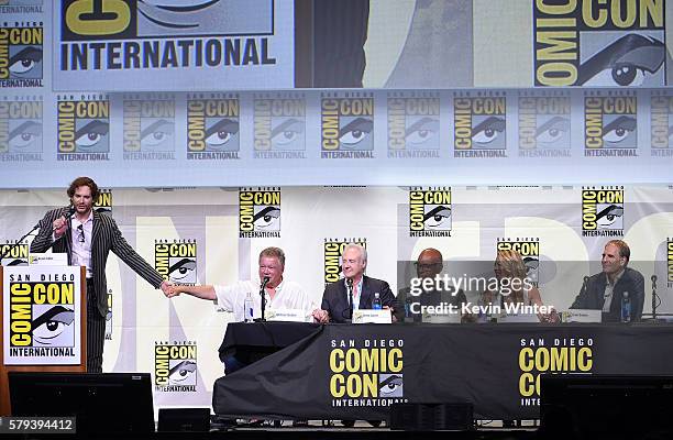 Writer/producer Bryan Fuller, actors William Shatner, Brent Spiner, Michael Dorn, Jeri Ryan, and Scott Bakula attend the "Star Trek" panel during...